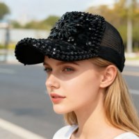 Casquette de baseball noire en gros avec sequins et strass, style punk, pour fêtes