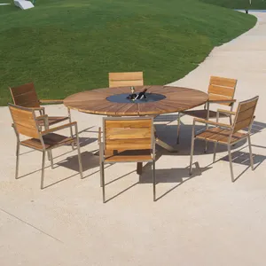 Robuster runder Tisch aus Edelstahl-Teakholz im Freien mit Lazy Susan