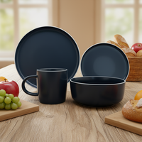 Service de table en céramique noire classique Guangda |   Kit de 4 assiettes et tasses en grès |   Résistant au four, anti-fuite, compatible micro-ondes et lave-vaisselle