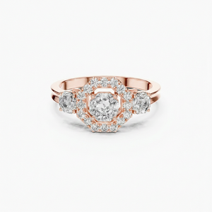 Anillo de compromiso de diamantes cultivados en laboratorio, corte Asscher, oro rosa de 18 quilates, con tres piedras y halo, CVD VVS, color D, personalizado, venta al por mayor - Product Image 1