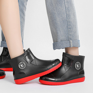 Men <b>Waterproof</b> Rain <b>Boots</b> Low Top Ankle Slip On Black Red Solid Color Glossy Outdoor <b>Work</b> Shoes - Product Image 1