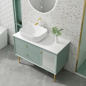 Tocador de baño con diseño de lujo, mueble de madera sólida Rectangular, lavabo de cerámica, Moderno