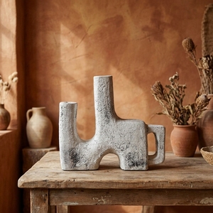 Jarrón Rústico de Terracota con Diseño Geométrico Abstracto y Doble Boquilla, Maceta de Cerámica para Mesa, Exportador Mayorista - Product Image 3