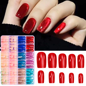 288 <span class=keywords><strong>faux</strong></span> ongles à presser, rouge et bleu, effet œil de chat, forme cercueil moyenne, style français coloré, courts, ronds, carrés, brillants et pailletés - Product Image 2