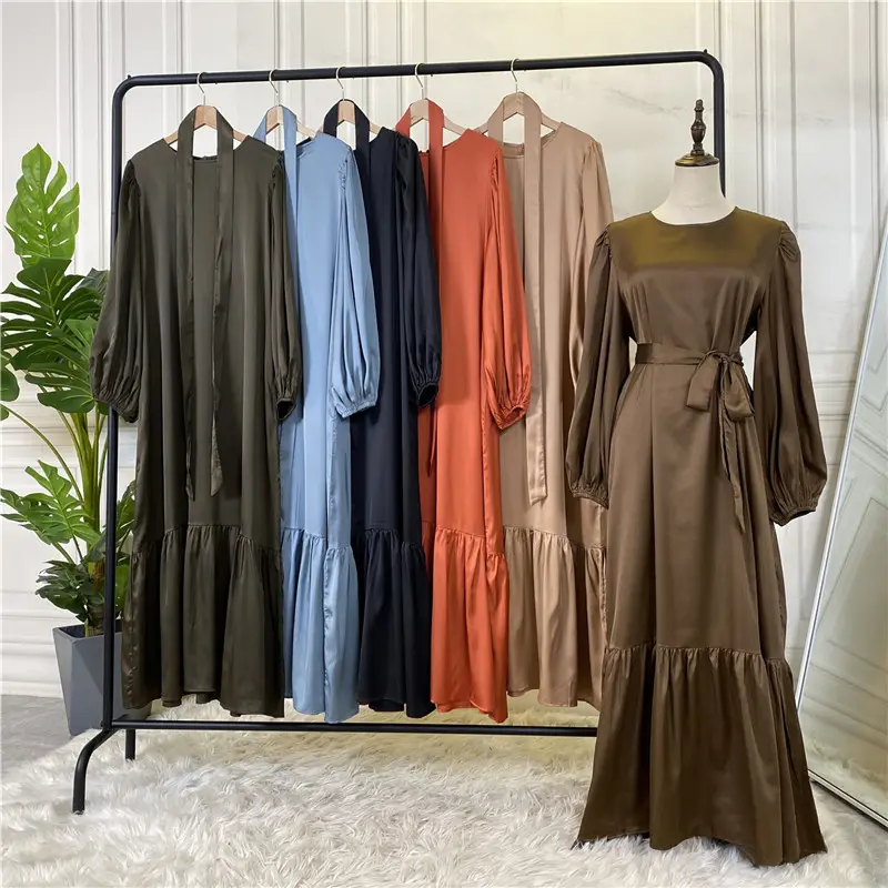 2022 nuova moda abito in raso tinta unita da donna festa da sera volant modesto Abaya manica a sbuffo abbigliamento islamico per musulmani