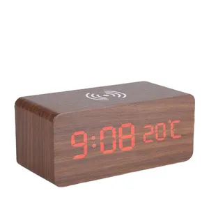 2020 Hot Seller Digital Alarm Clock with Qi Wireless Charging 3 Alarm Setting, Sound Control Function Wooden clocks