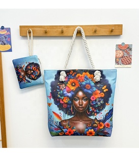 Schöne afroamerikanische Mädchen-Print-Einkaufstaschen und Geldbörsen, Canvas-Handtasche, modische Tragetasche mit Cartoon-Muster - Product Image 2