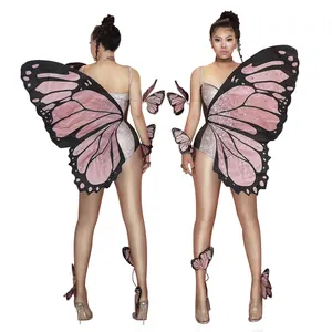 Women Pink Butterfly Wings Rhinestone Bodysuit Sexy Dance Costume Leotards Club Showgirl Stage Performance Wear