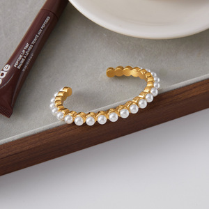 Pearl Bracelet Women Gold Tone White Pearl Bezel Setting Open Cuff Everyday Wear Jewelry - Product Image 4