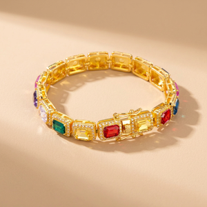 Cadena de Tenis con Diamantes de Corte Esmeralda Coloridos, Modelo VK-23 de RAMDUT IMPEX, Precio Directo de Fábrica, Chapado en Oro, Joyería Hip Hop Moderna Unisex - Product Image 1