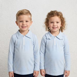 Polo à manches longues rayé assorti frère-sœur, chemise à demi-zip pour garçons et filles - Product Image 1