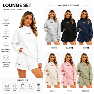 Ensemble de survêtement deux pièces personnalisé avec logo lettre pour femme, haut oversize à col montant et short à cordon de serrage avec poches, en molleton doux, tenue d'intérieur, usine BSCI - Product Image 2