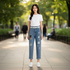 Pantalon en jean déchiré taille haute pour femme N049, coupe régulière, longueur cheville, cinq poches, style décontracté, design patchwork - Product Image 2