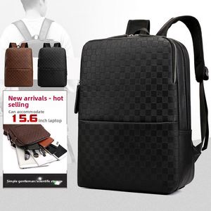 Wholesale Fashion Men's PU Leather Laptop Backpack College Student Book <b>Bags</b> Large Waterproof Lattice Business Travel Backpack - Product Image 3