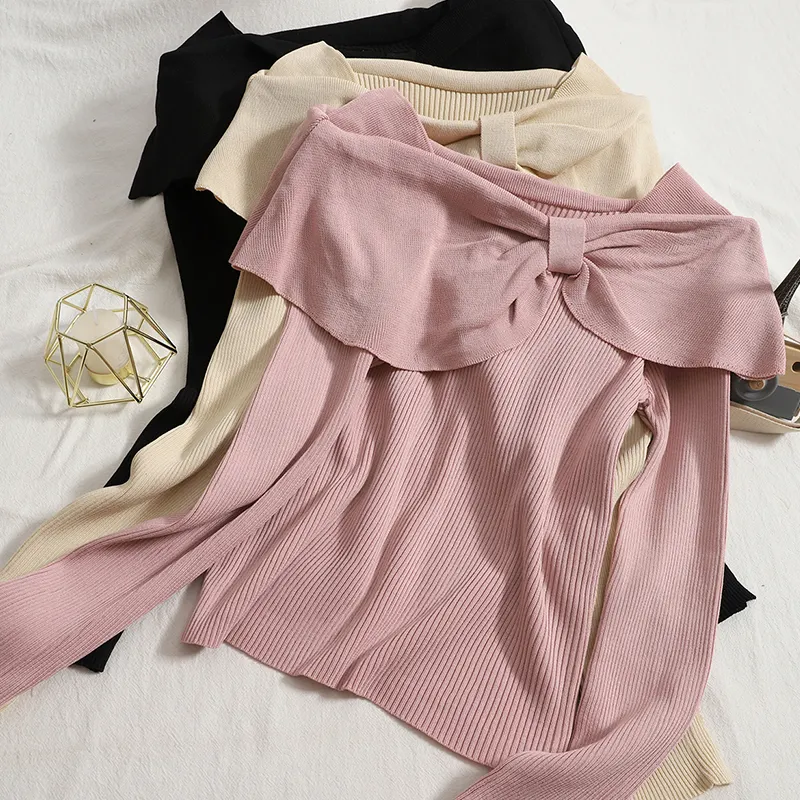 Hot Sale Bow Slash Neck Off-shoulder Temperament Slim Knit Tops 2022 Spring and Autumn Solid Color Korean Style Women's Sweaters