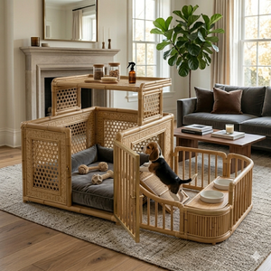 Mueble de Bambú Hecho a Mano para Perros con Comedero, <span class=keywords><strong>Casa</strong></span> para Mascotas de Interior con Corralito, Caseta de Bambú Natural para Perros - Product Image 1