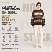 Pull en maille côtelée surdimensionné à rayures marron pour femme, col rond, manches longues, décontracté, tricoté, personnalisable OEM, vente en gros