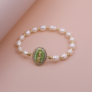 Bracelet fait main en or 18 carats plaqué or, quartz rose, Vierge <span class=keywords><strong>Marie</strong></span>, micro-pavé CZ, médaille religieuse pour femmes, bijoux spirituels - Product Image 5