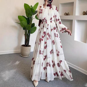 Muslim Summer Prayer Women's Fashionable Elegant Resort Middle East Round Neck <b>Abaya</b> Chiffon Floral with Belt Maxi Dress - Product Image 3