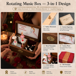 Boîte à <span class=keywords><strong>musique</strong></span> en bois Sankyo avec figurine de mariage, ballerine rotative, cadre photo, miroir, scène, rangement pour bague en velours, souvenir, à manivelle - Product Image 2