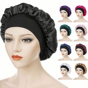 Bonnet en satin noir de 30 cm avec bordure en soie, bonnets de chimiothérapie avec large bande élastique, bonnets de nuit pour femmes - Product Image 1