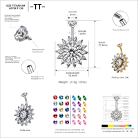 Bijou de piercing de nombril haut de gamme en titane G23 ASTM F136, anneau de nombril tournesol avec zircon délicat, vente en gros, tendance