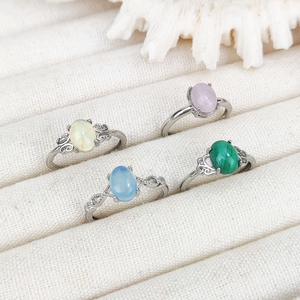 Bague en argent plaqué avec pierres précieuses 100% naturelles, opale, malachite, <span class=keywords><strong>kunzite</strong></span>, aquamarine, pierre ovale, bague simple réglable pour femmes - Product Image 2
