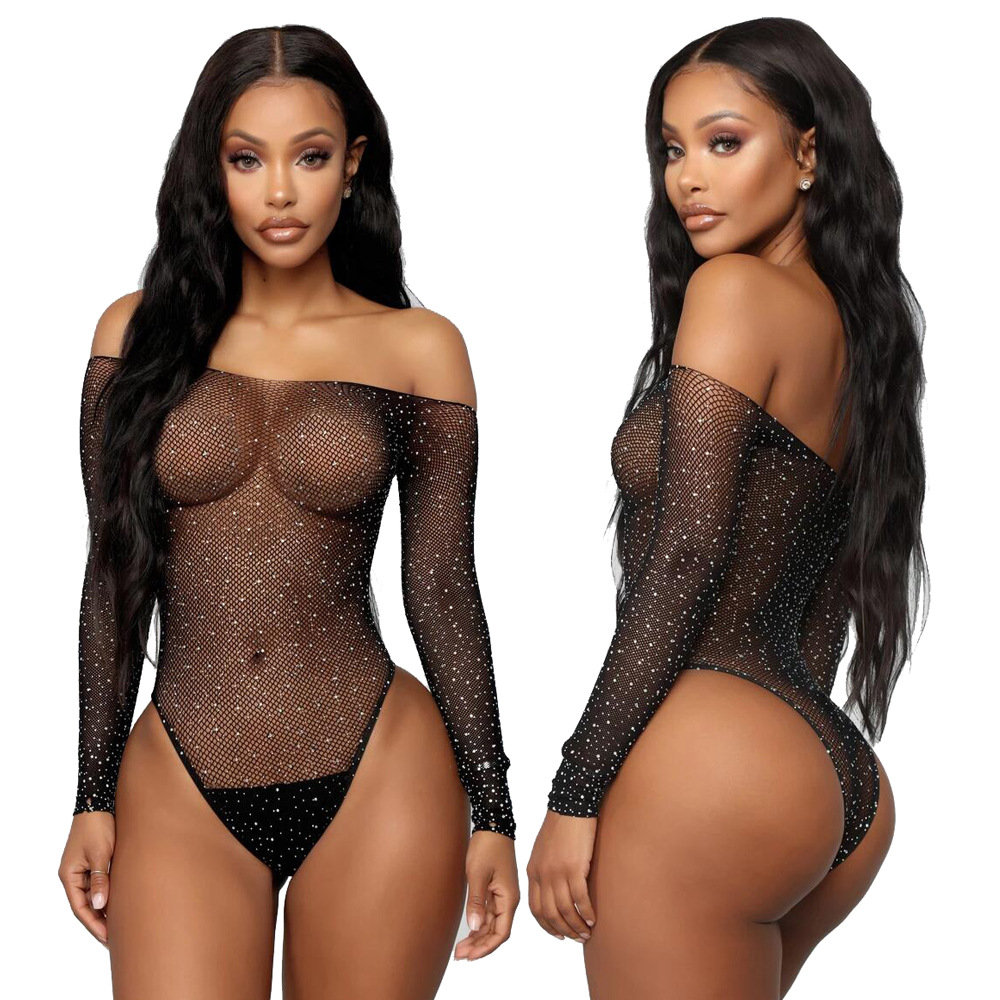 Black Shiny Lingerie Sexy Hot Transparent Club Dress Fishnet Teddy Nighty Rhinestone Underwear Long Sleeves See Through Lingerie