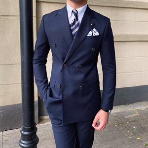 <span class=keywords><strong>British</strong></span> uomo stile coreano autunno abito a righe a righe alto scollo a V monopetto Slim-Fit misura piatta su misura per adulti - Product Image 2