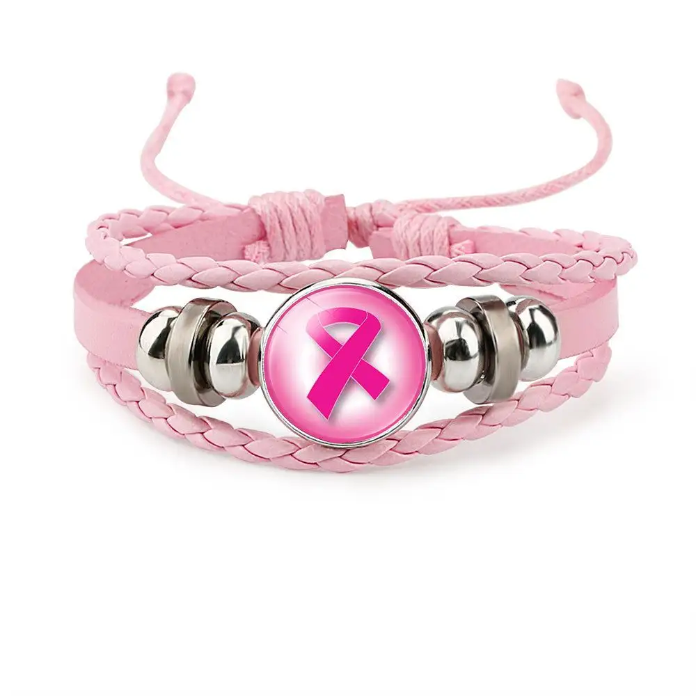 Breast Cancer Awareness Accessories Adjustable Bracelet Women's Hand-woven Charm Leather Silver Plated Bracelets, Bangles Glass