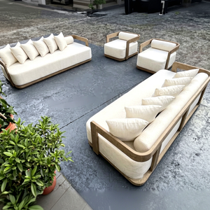 Ensemble de canapés modulaires en teck pour l'extérieur, sur mesure, modernes, aspect vieilli naturel, tissu imperméable, garantie 2 ans, salon - Product Image 1