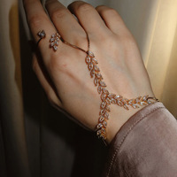 Ensemble bracelet et bague en forme de feuille en cristal et strass Lele Copper, bijoux de mode européens et américains de luxe