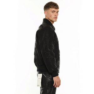 Chaqueta Varsity <span class=keywords><strong>de</strong></span> Cuero PU para Hombre, al por Mayor, Personalizada con Bordado Floral en la Parte Delantera, Relleno <span class=keywords><strong>de</strong></span> Patchwork, Estilo Urbano <span class=keywords><strong>de</strong></span> Invierno, Reversible - Product Image 5