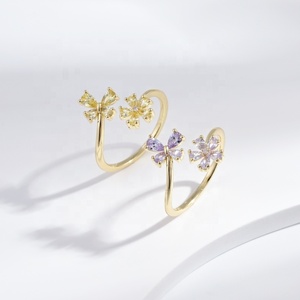 custom plata 925 sterling <b>Silver</b> cheap summer simple <b>rings</b> wedding flower open <b>adjustable</b> 18k gold plated zircon <b>ring</b> for woman - Product Image 3