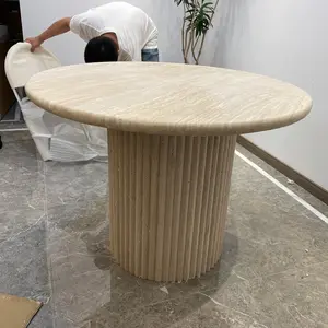 HZX Customized Nordic Natural Stone Restaurant Furniture Canteen Beige Travertine Marble Dining Table Set