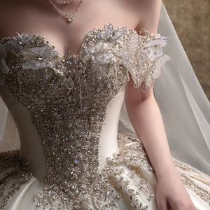 LSHT133 Modern Elegant Satin Sweetheart Floral <b>Crystal</b> Appliques Embroidery Lace Chapel Train Wedding <b>Ball</b> Gown Dress - Product Image 4