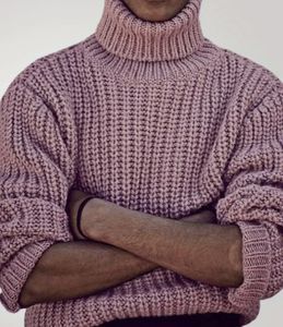 Automne hiver épaissi pull en tricot pull pour hommes décontracté couleur unie tricot grossier pull à col haut pour hommes - Product Image 1