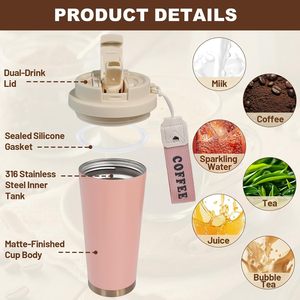 Custom logo 600 ML 20OZ Double Wall Vacuum Leakproof Insulated Tumbler Cup with Handle <b>Rope</b> Lids Straw and Sip for Car Office - Product Image 3