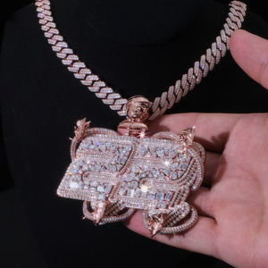 Pendentif personnalisé pour homme avec double numéro 22 en or rose, <span class=keywords><strong>argent</strong></span> sterling <span class=keywords><strong>925</strong></span>, diamant Moissanite VVS, chaîne cubaine à maillons lettres sertie de diamants - Product Image 2