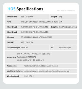 Peladn Ai มินิพีซี <span class=keywords><strong>HO5</strong></span>อินเทลอัลตร้า7 155H มินิพีซีแบบพกพา32กิกะไบต์ DDR5 1TB SSD USB4.0การเล่นเกมมินิพีซีสำหรับ Windows 11Pro - Product Image 5