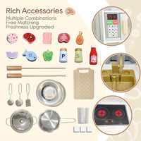 Cuisine de jeu rétro verte en bois pour enfants, avec cuisinière, casseroles et accessoires de cuisine