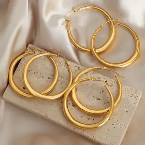 High Top Quality Stainless Steel Big Round Circle Earrings 18K Gold Plated Luxury Hoop Exaggerated Earrings Jewelry For Women