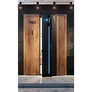 Porta de segurança doméstica luxuosa Porta de entrada principal Porta externa moderna em aço preto com faixa de luz e fechadura inteligente