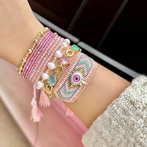 Miyuki moda el yapımı kristal tatlısu inci bilezik bileklik seti 18K altın kaplama bakır nazar boncuk Charm bilezik - Product Image 4