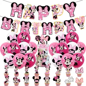 Rose Minnie Joyeux Anniversaire Décorations Ballons Bannière Cupcake Topper Enfants Fête D'anniversaire Fournitures Baby Shower Air Globos X0409