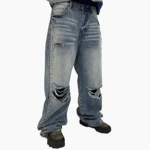 Desenho jeans com bordas personalizado de fábrica de alta qualidade com strass jeans largos para homens