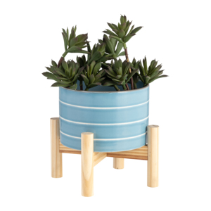 Vaso in ceramica a righe con supporto in legno, fioriera colorata per decorazioni domestiche, ingresso, patio, tavolo, giardino - Product Image 4