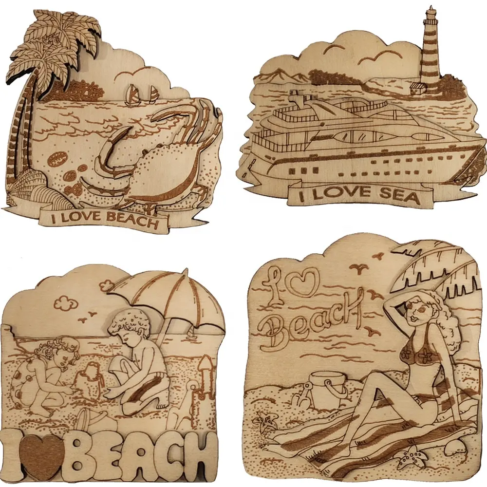 Planche à découper souvenir en bois personnalisé, gravure animal plage mer MDF 3D pin bois de souche bois découpé au laser aimant de réfrigérateur