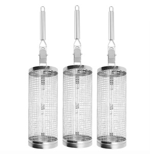 Cesta de asar rodante de acero inoxidable <span class=keywords><strong>con</strong></span> asa, rejilla cilíndrica de malla de alambre para vegetales y carne, para camping y barbacoa al aire libre - Product Image 6