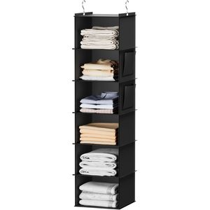 Hanging Closet Organizer 6 Shelf Black Non Woven Fabric <b>Storage</b> For Clothing Behind Door Wall Mount - Product Image 1